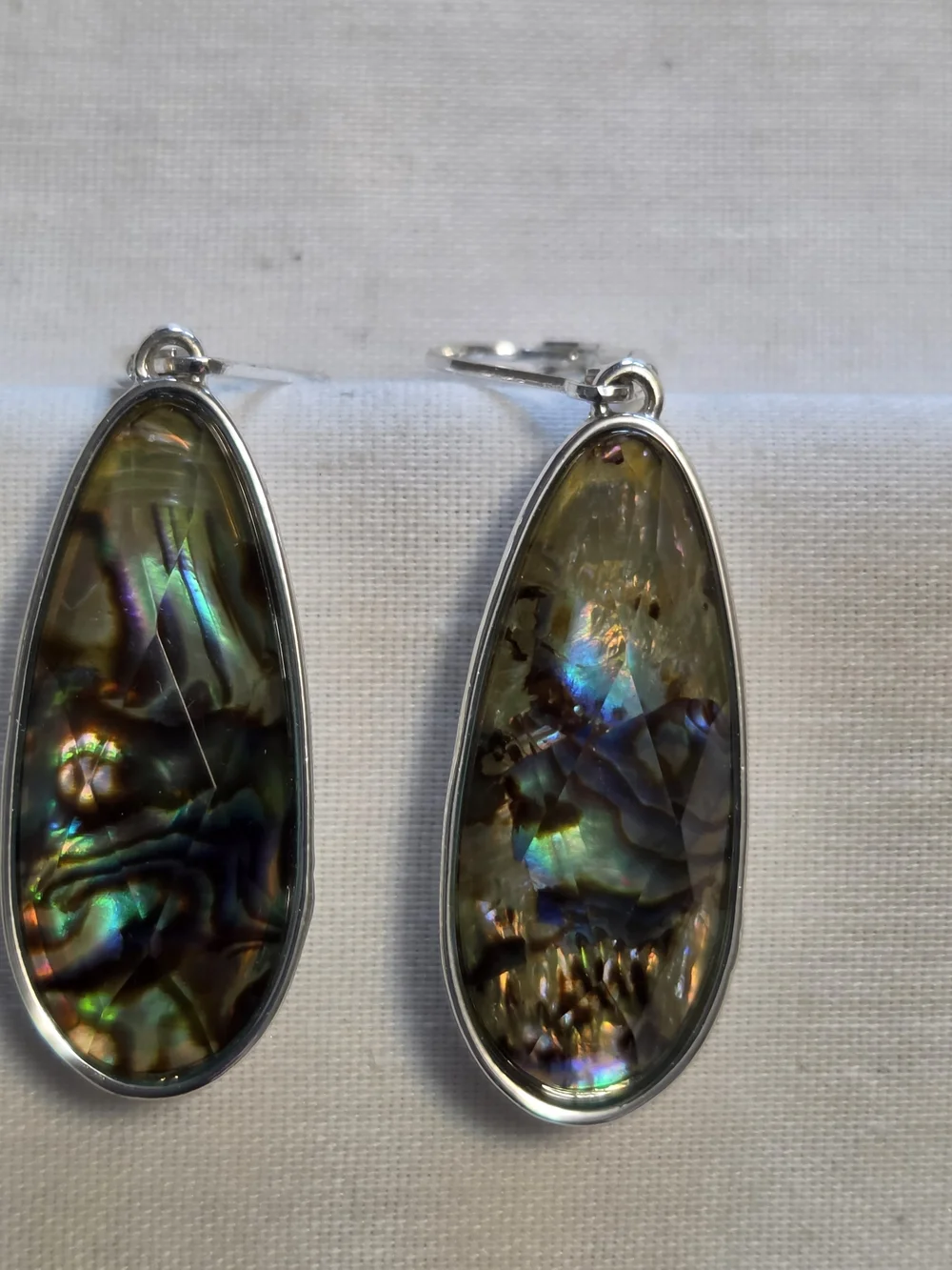 Vtg Napier Silver-Tone Faceted Abalone Teardrop Earrings